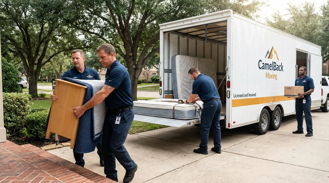 Crew loading residential truck for cross-state move from Pottsboro, TX