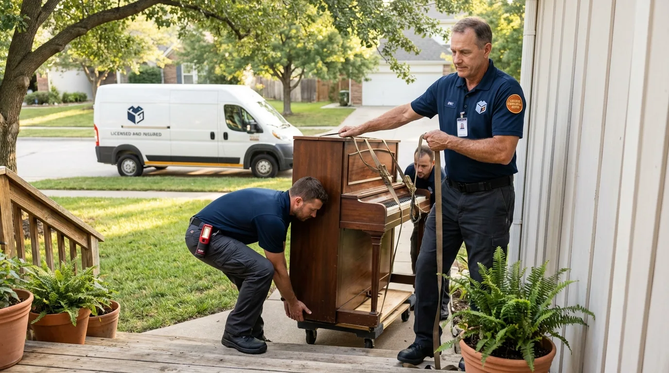 Licensed piano movers securing grand piano in Pottsboro, TX