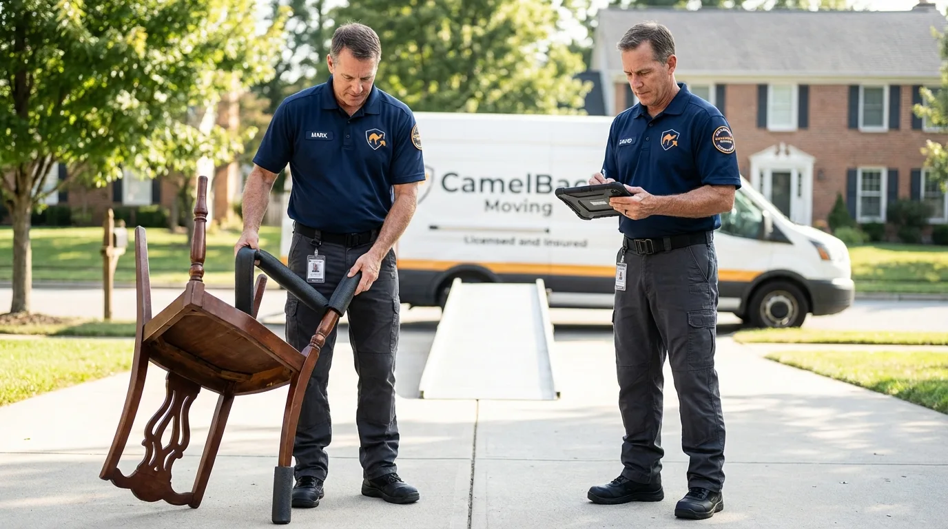 Movers inspecting furniture for damage prevention before loading in Pottsboro, TX